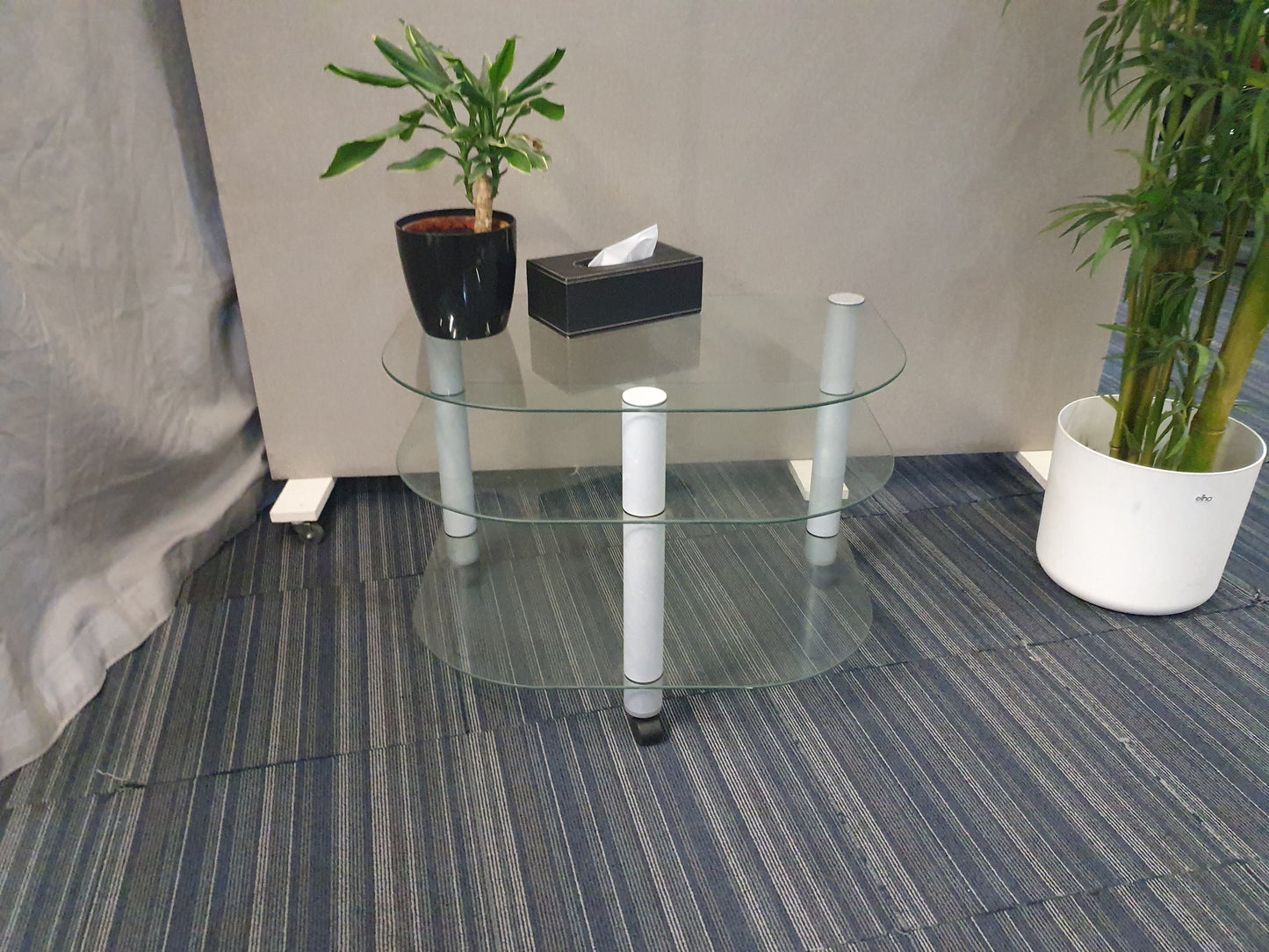 Mobile  Glass Coffee Table for office reception area H:59cm D:78.5cm Radius:52cm
