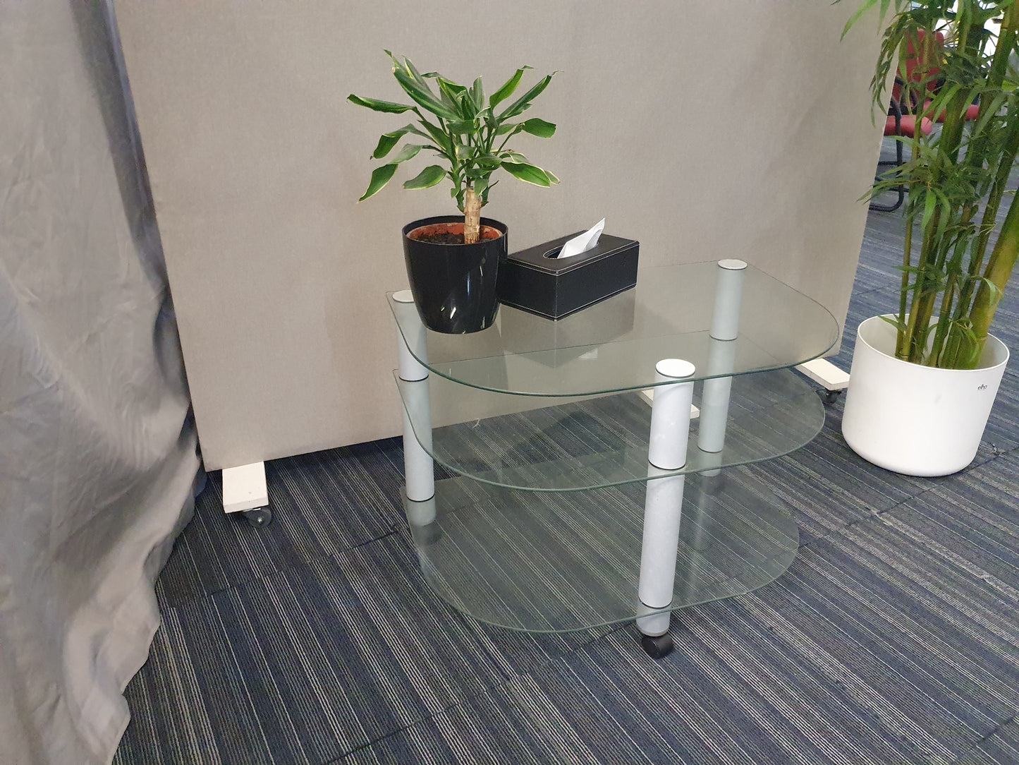 Mobile  Glass Coffee Table for office reception area H:59cm D:78.5cm Radius:52cm