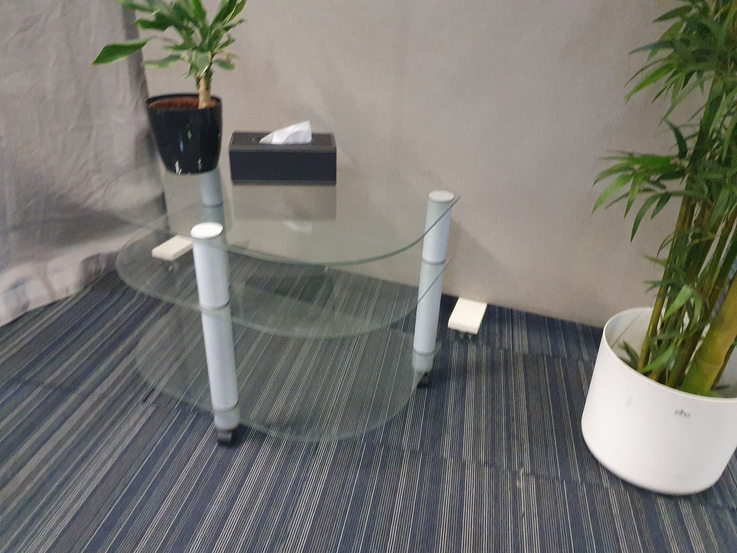 Mobile  Glass Coffee Table for office reception area H:59cm D:78.5cm Radius:52cm