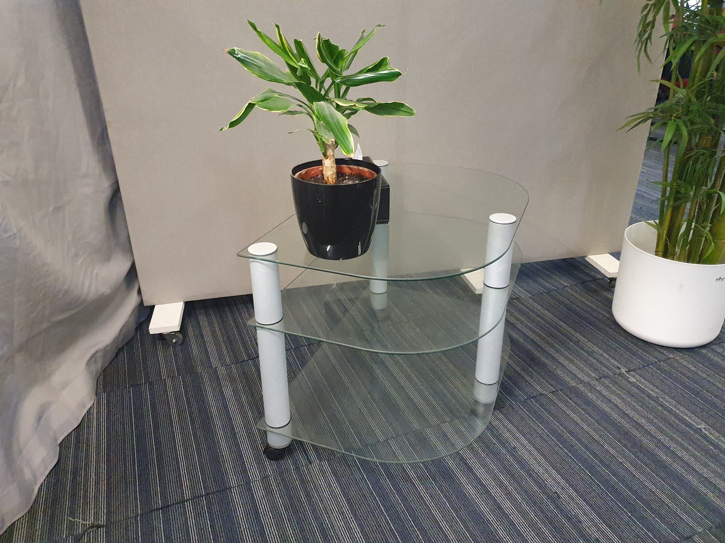 Mobile  Glass Coffee Table for office reception area H:59cm D:78.5cm Radius:52cm