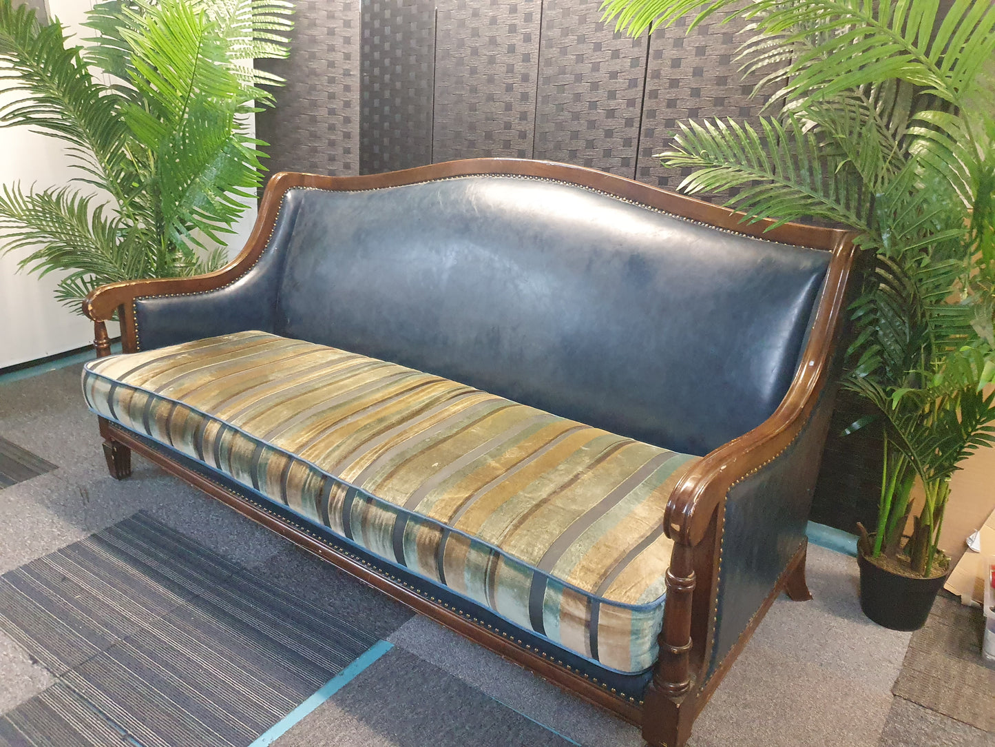 wood leather studded trim velvet sofa couch