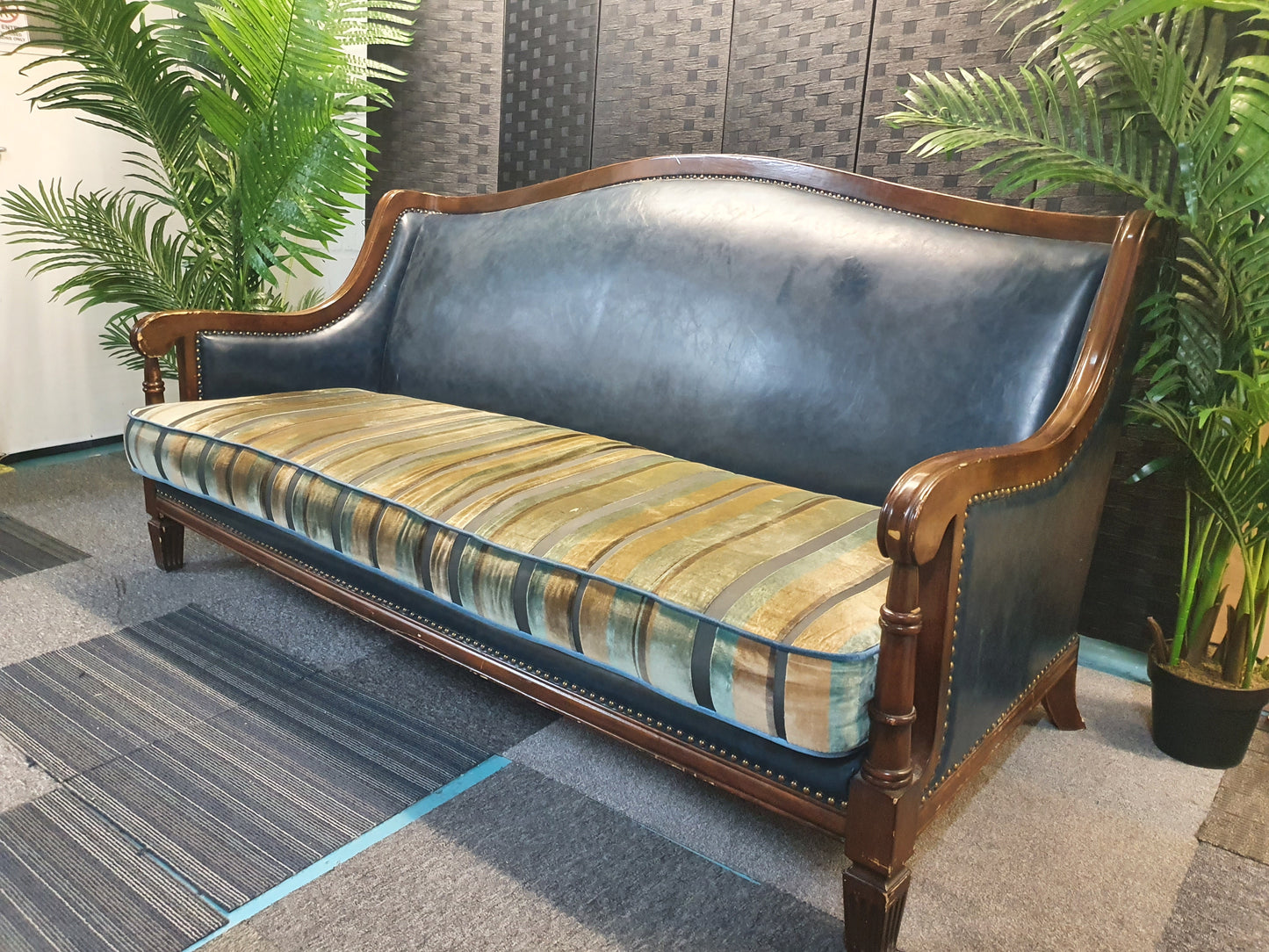 wood leather studded trim velvet sofa couch