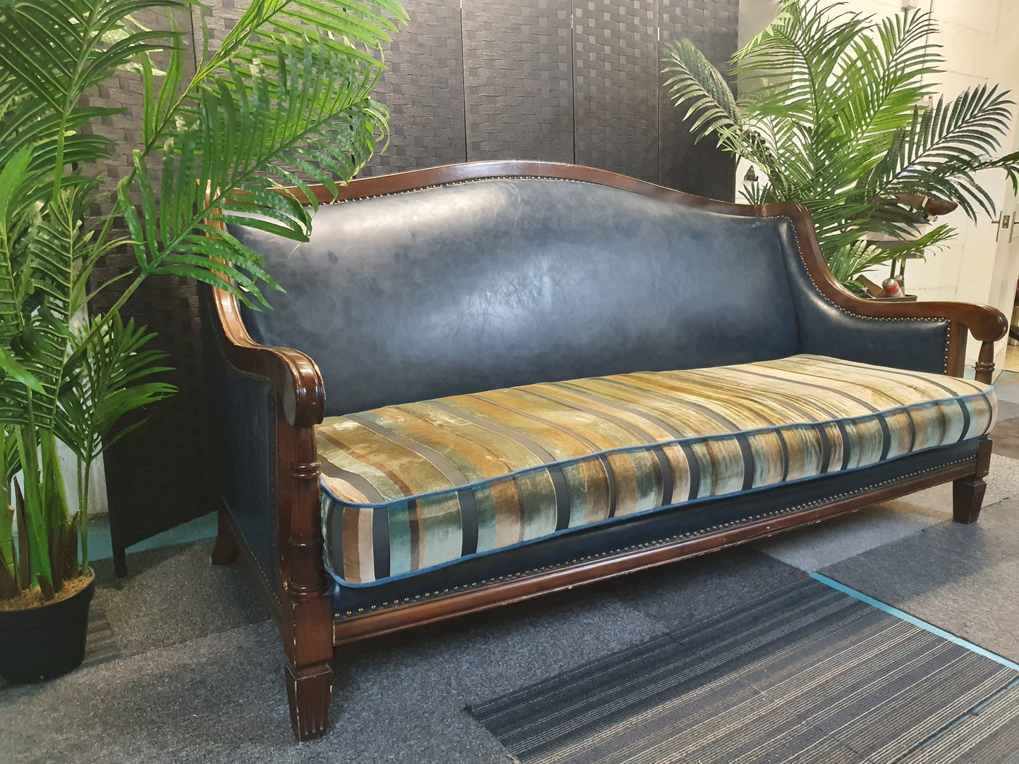 wood leather studded trim velvet sofa couch
