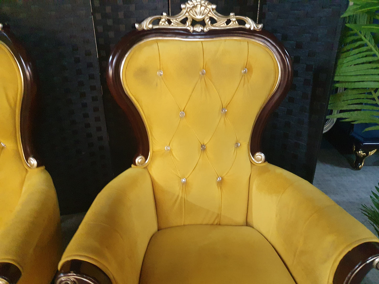 Antique Upholstered Armchair Retro Vintage Wood High backed Parlour style Carvered botton backed