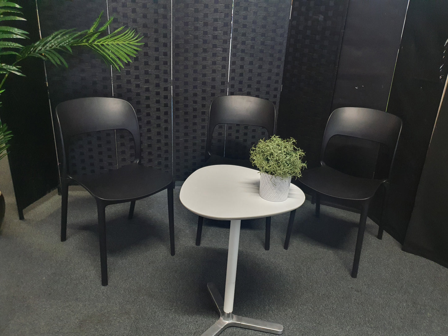 Preowned Chair Black Plastic Back Adult Dining Meeting Training Stacking
