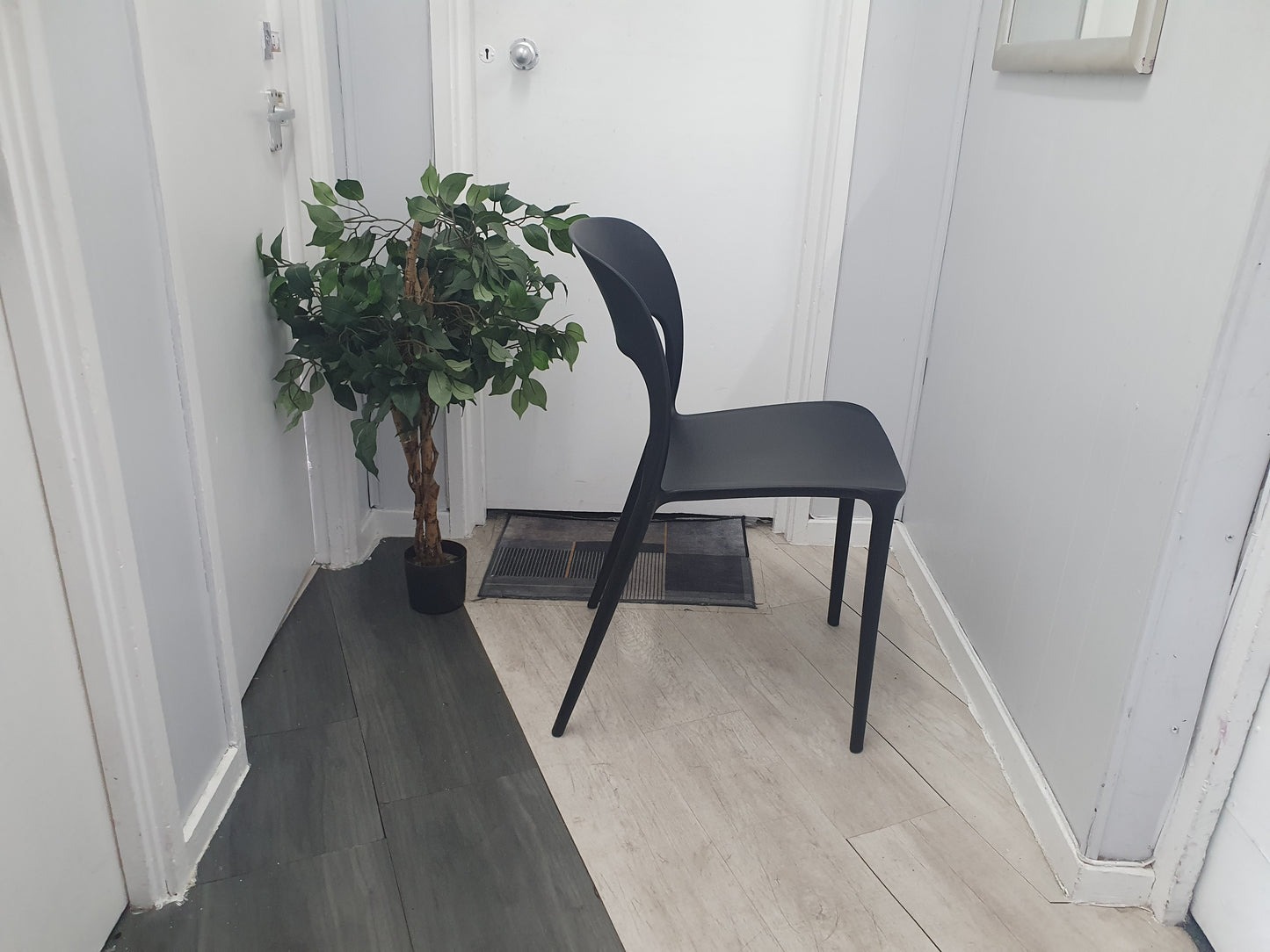 Preowned Chair Black Plastic Back Adult Dining Meeting Training Stacking