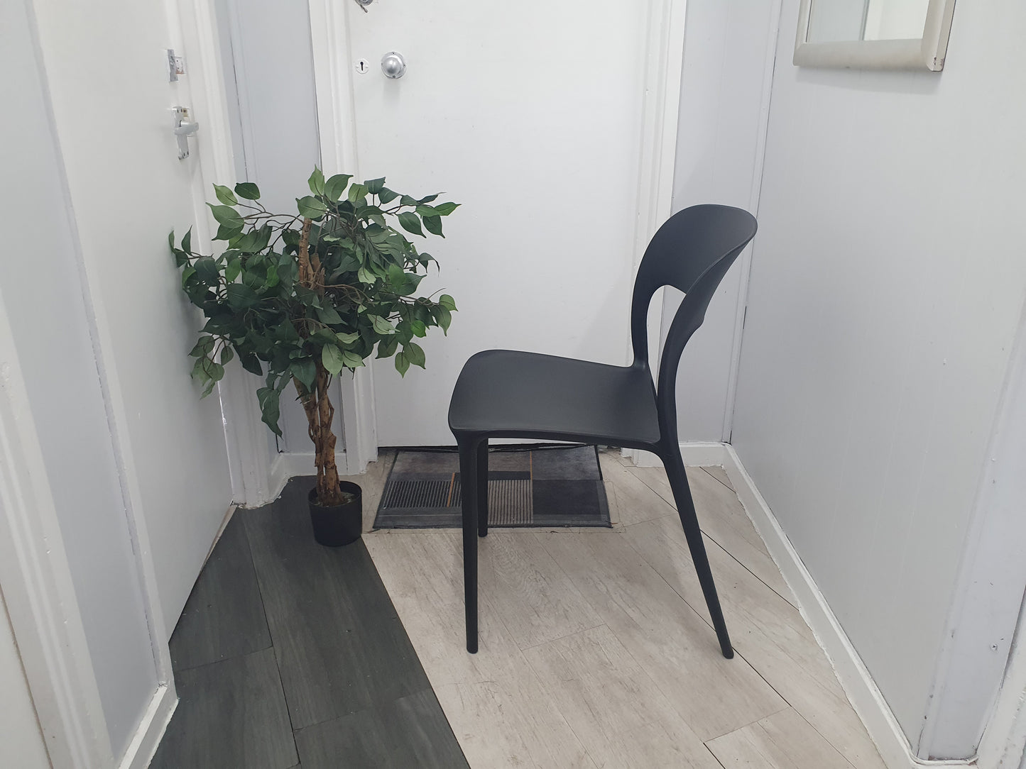 Preowned Chair Black Plastic Back Adult Dining Meeting Training Stacking