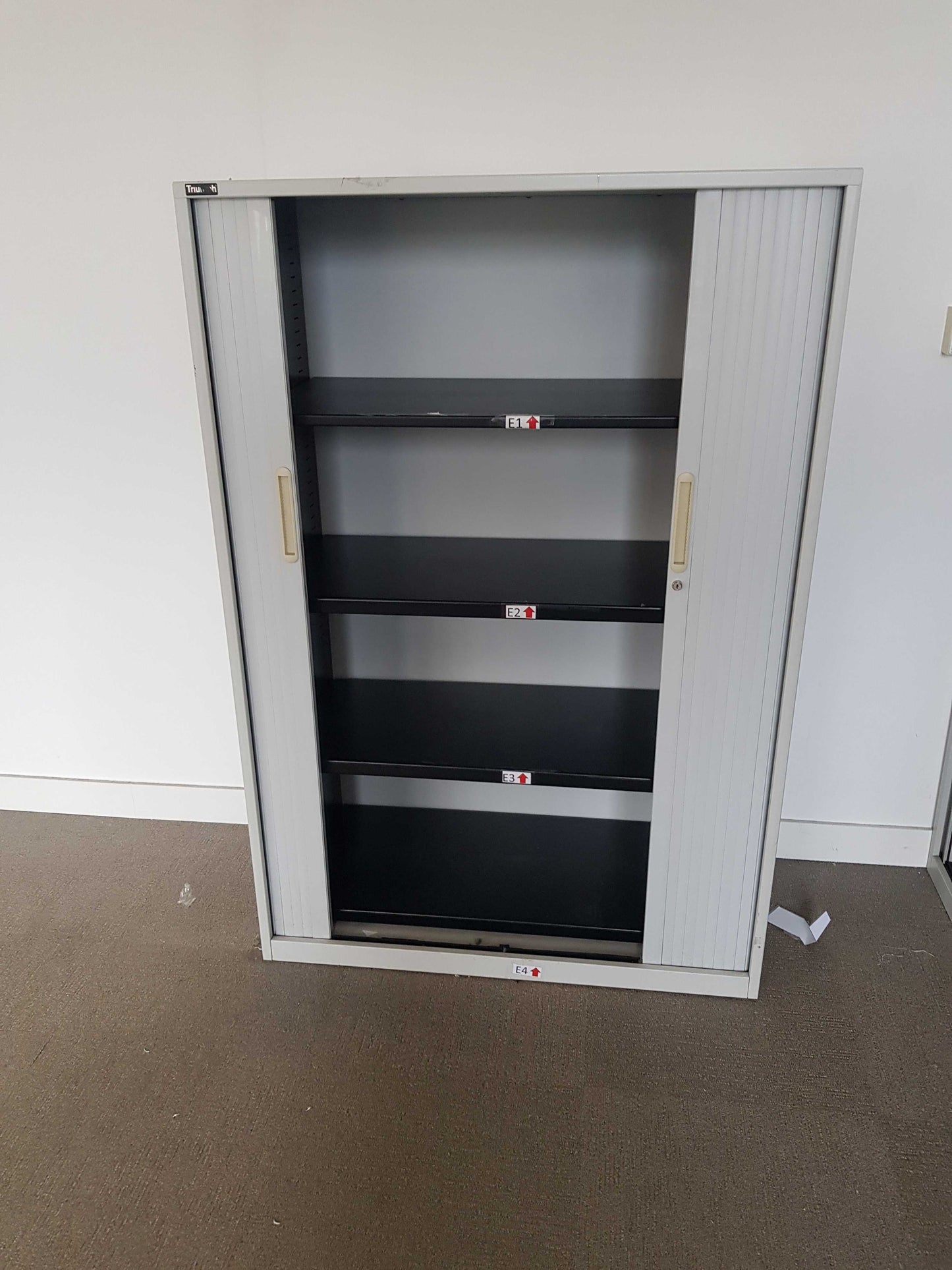 Medium Grey rolling door office cabinet, adjustable shelf storage unit, 2 door tambour unit - H=148cm D=47.5cm W=100cm