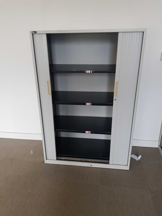 Medium Grey rolling door office cabinet, adjustable shelf storage unit, 2 door tambour unit - H=148cm D=47.5cm W=100cm