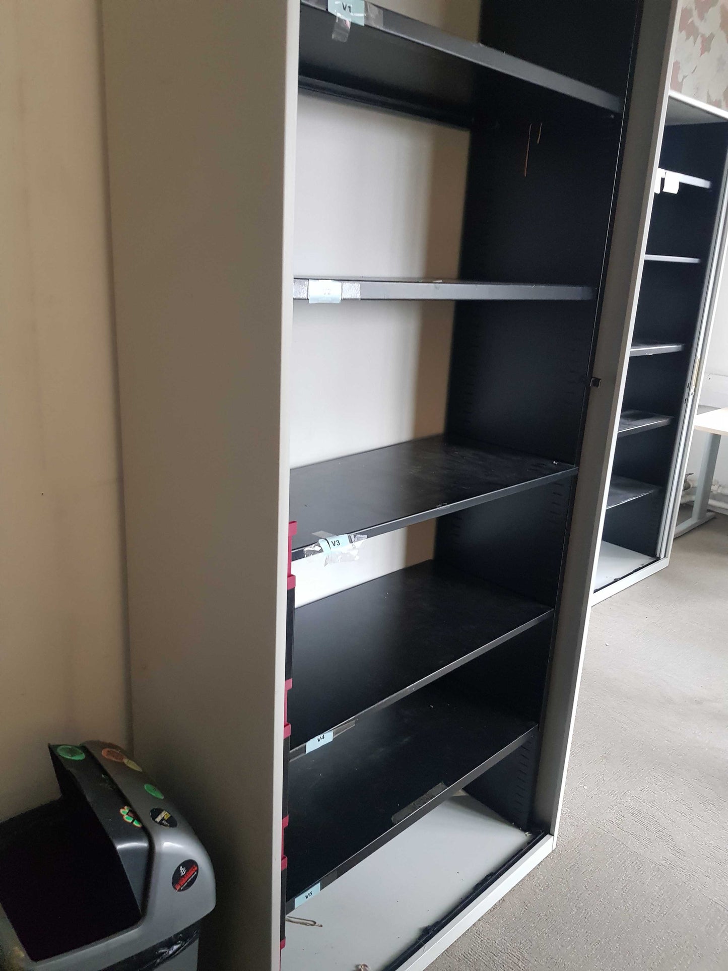 Tall Grey rolling door office cabinet, adjustable shelf tambour unit - H=180cm D=46cm W=92cm