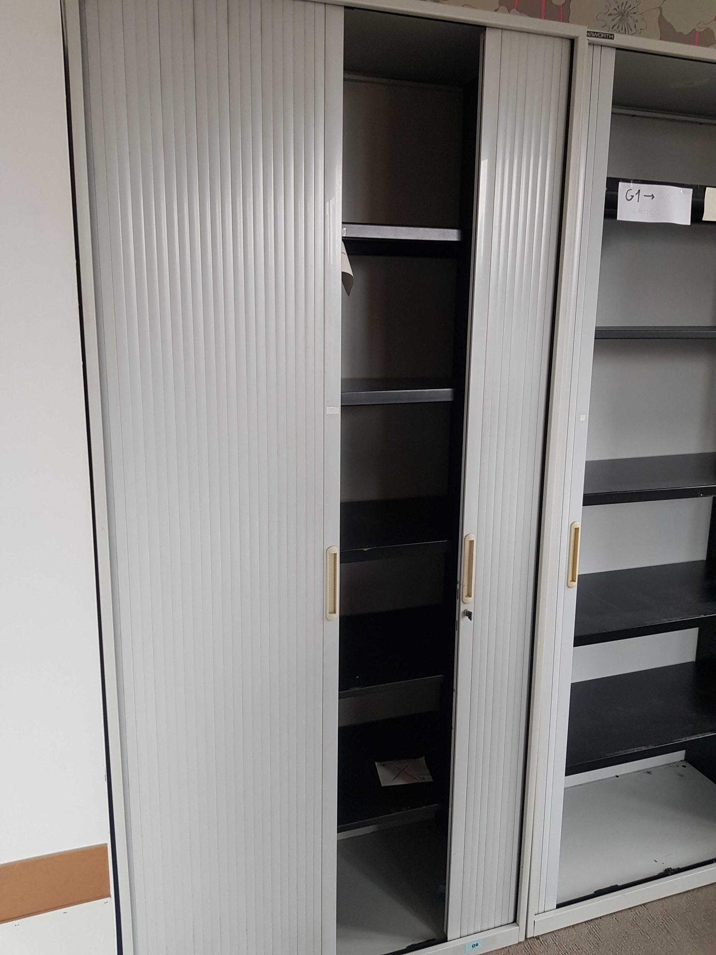 Tall Grey rolling door office cabinet, adjustable shelf tambour unit - H=180cm D=46cm W=92cm
