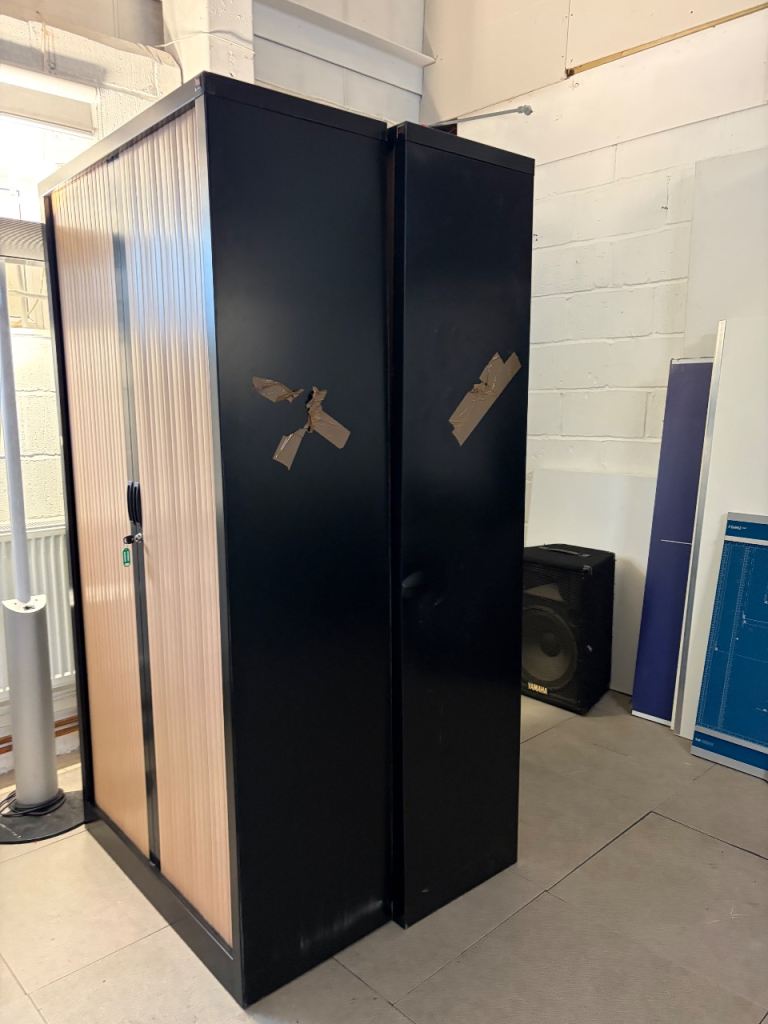 2 Used office tall rolling wood door metal frame cabinet cupboard Lockable £120 each H 197cm W 100cm D 45cm
