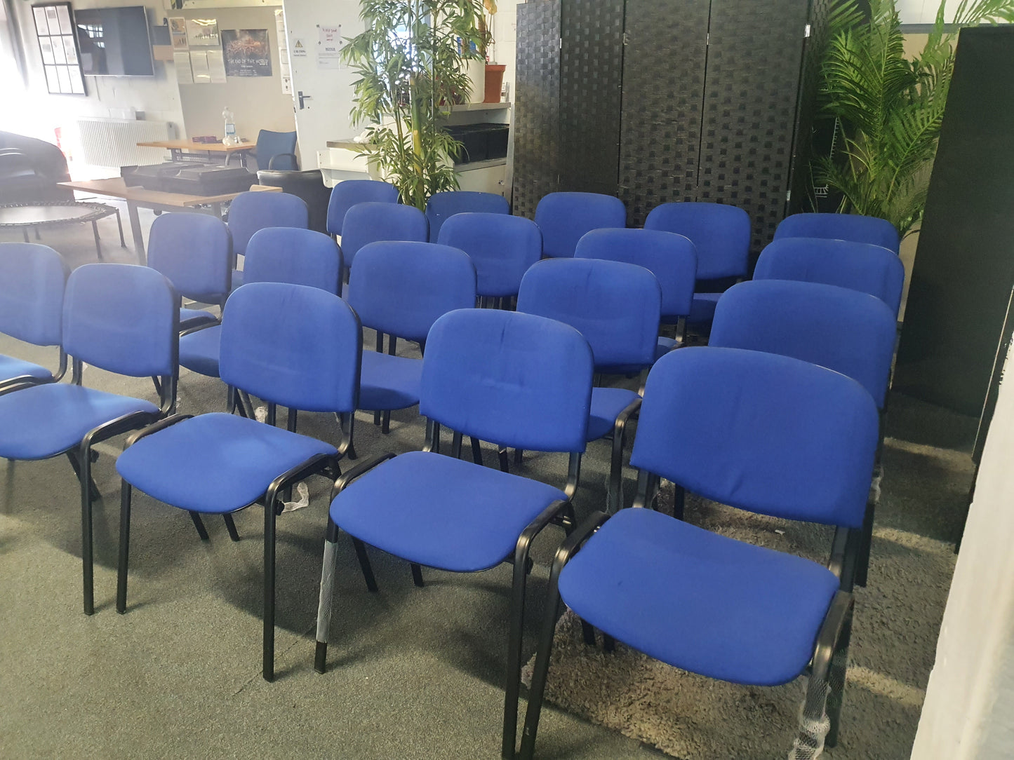 Blue office stacking black frame reception four leg meeting classroom conference chairs
