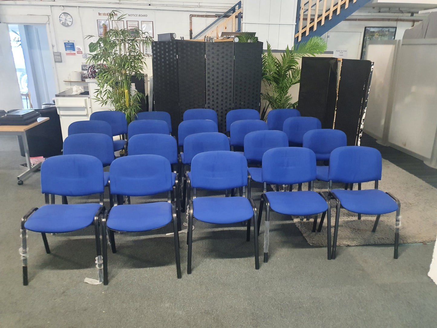 Blue office stacking black frame reception four leg meeting classroom conference chairs