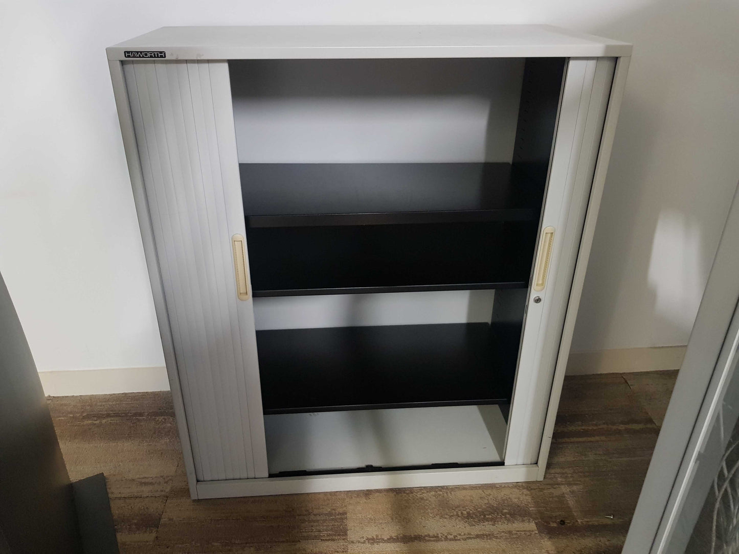 Grey sliding door cupboard, adjustable shelf office storage cabinet, 2 door tambour unit- H=136cm D=43cm W=120cm