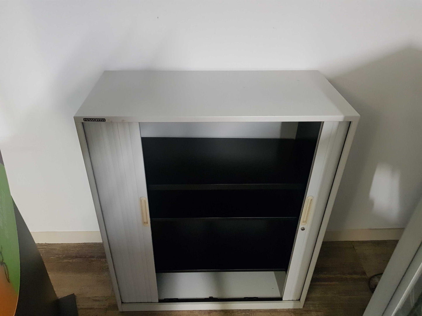 Grey sliding door cupboard, adjustable shelf office storage cabinet, 2 door tambour unit- H=136cm D=43cm W=120cm