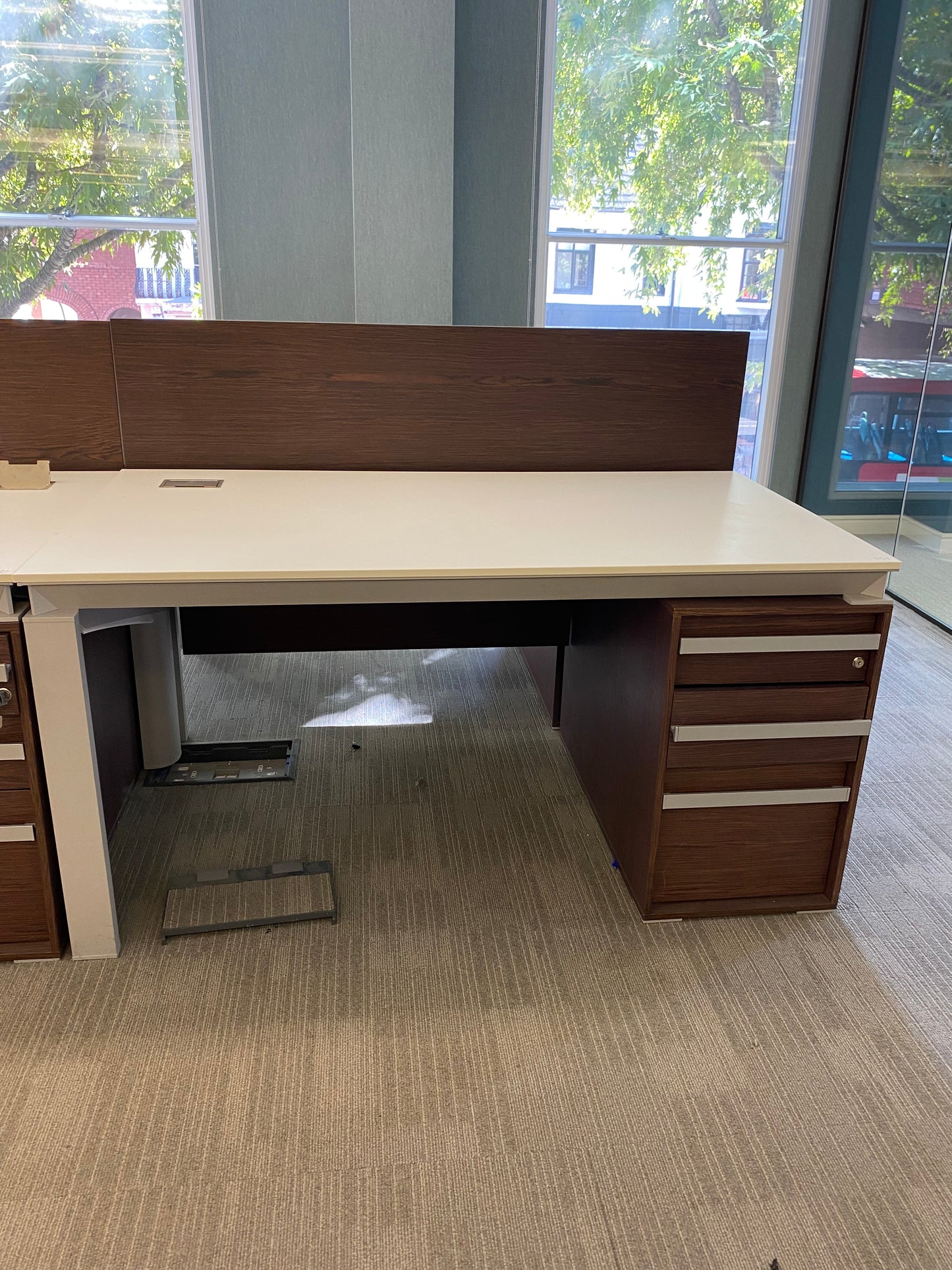 White table with walnut divider and drawers