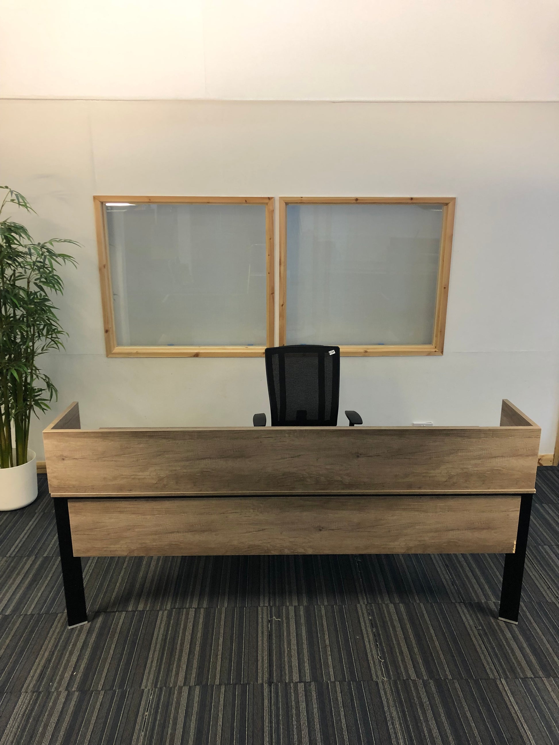 Left, green plant, centre, office executive table in brown