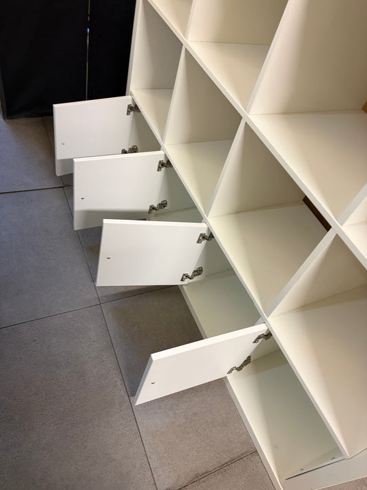Pre-owned Ikea Kallax 4x4 with drawer and cupboard/door inserts - White H 147cm W 147cm D 39cm
