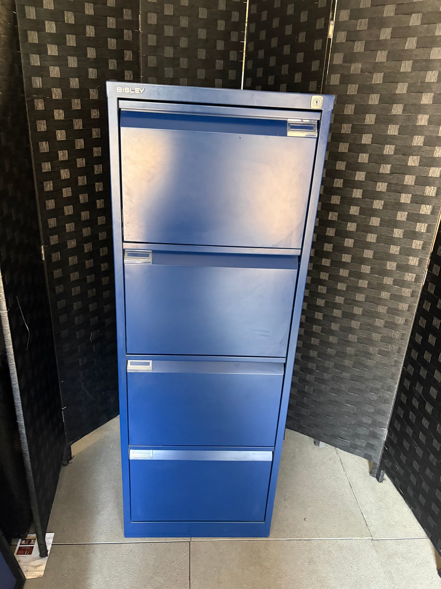 Used blue 4 drawer filing cabinet office storage H 132cm D 62cm W 47cm