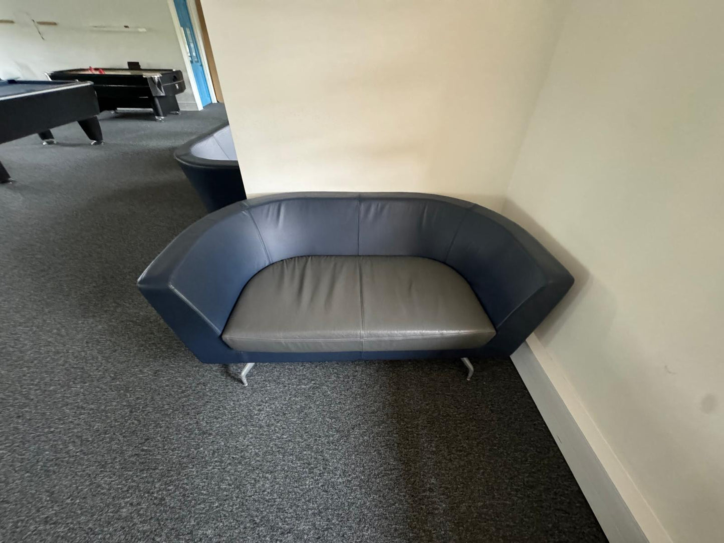 Twin matching set of Orangebox Cwtch navy blue and contrast grey leather sofas (160cm x 80cm)