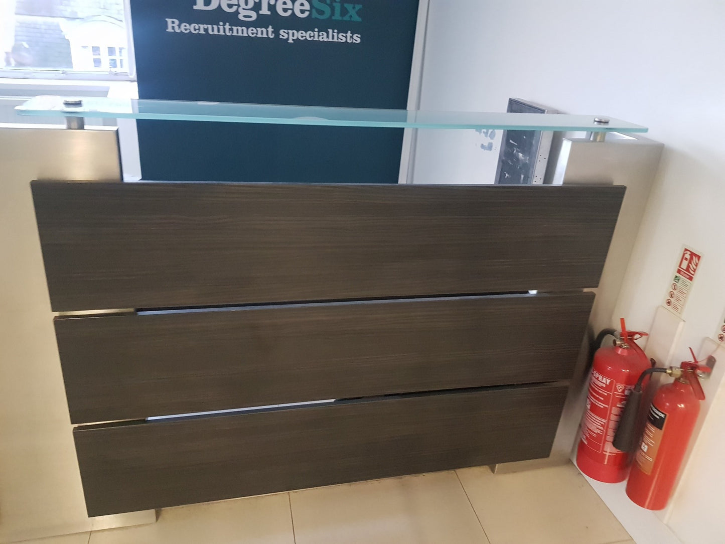 Used Second Hand Reception Desk Glass Top Modular Rectangular 2 Person desk 350cm w x 88cm d