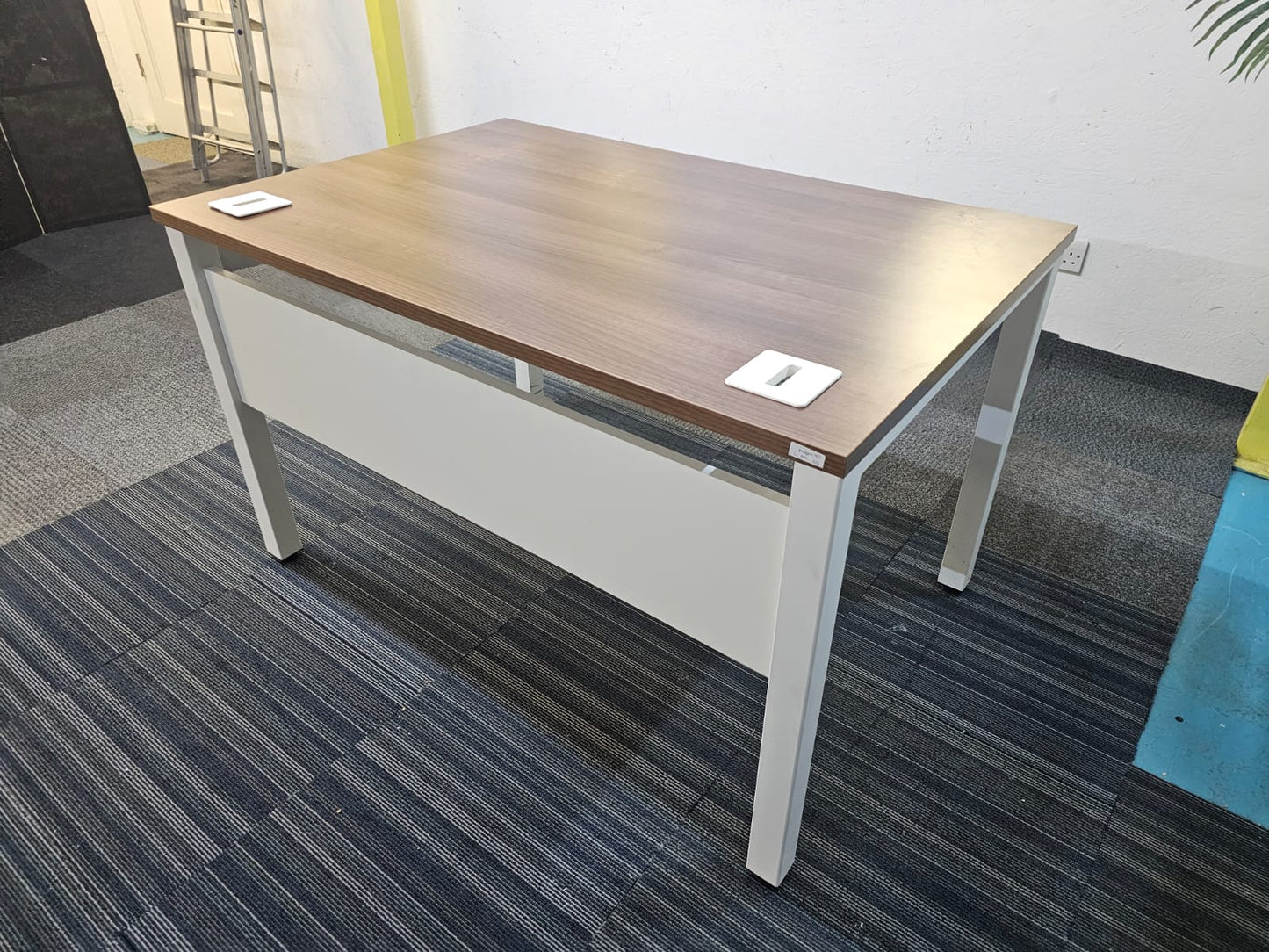 Walnut finish study desk with contrasting white legs and modesty panel
