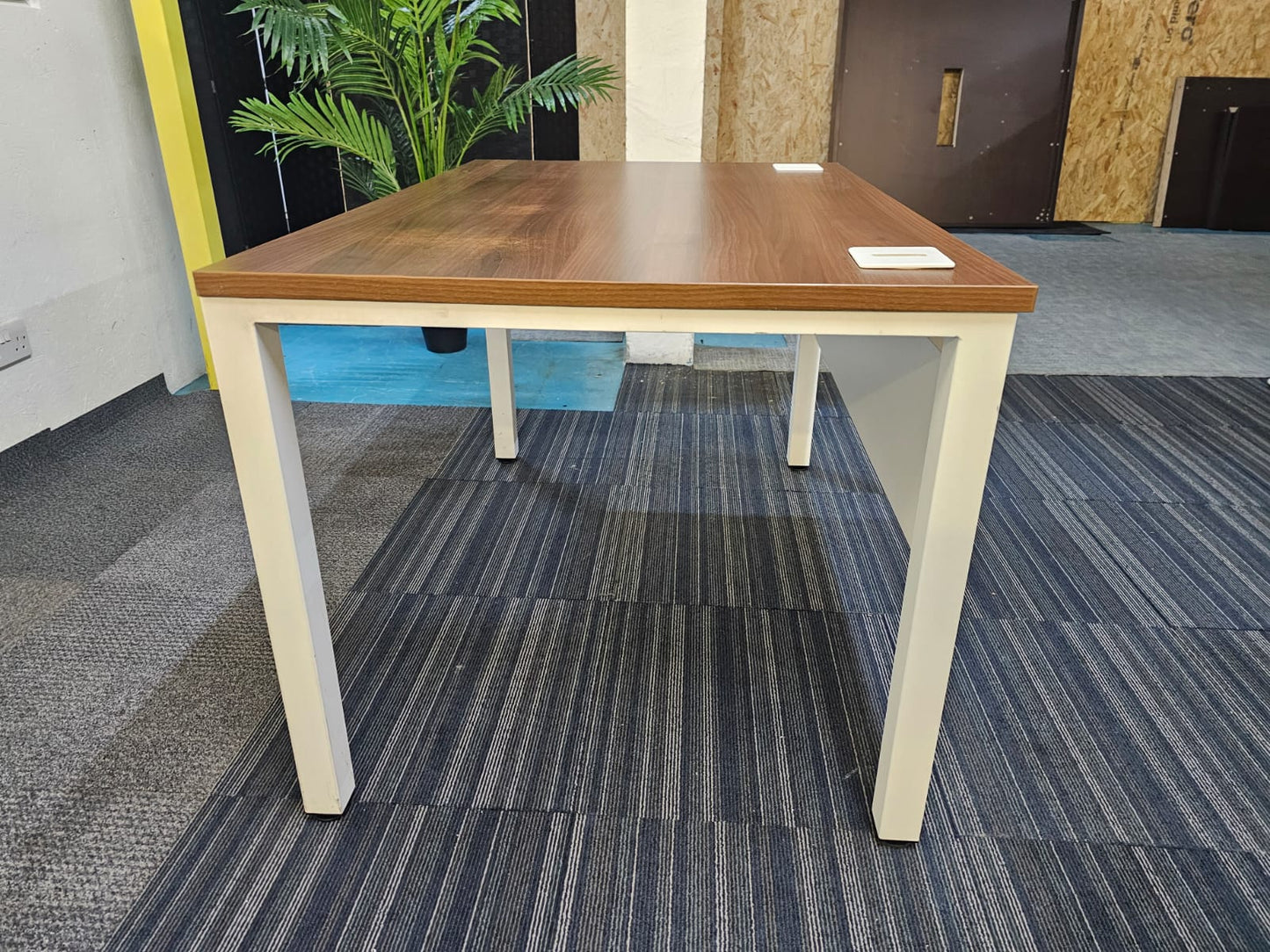 Walnut finish study desk with contrasting white legs and modesty panel