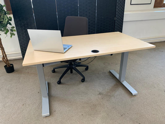 Light brown electric stand up office desk, sit stand height adjustable table in maple finish