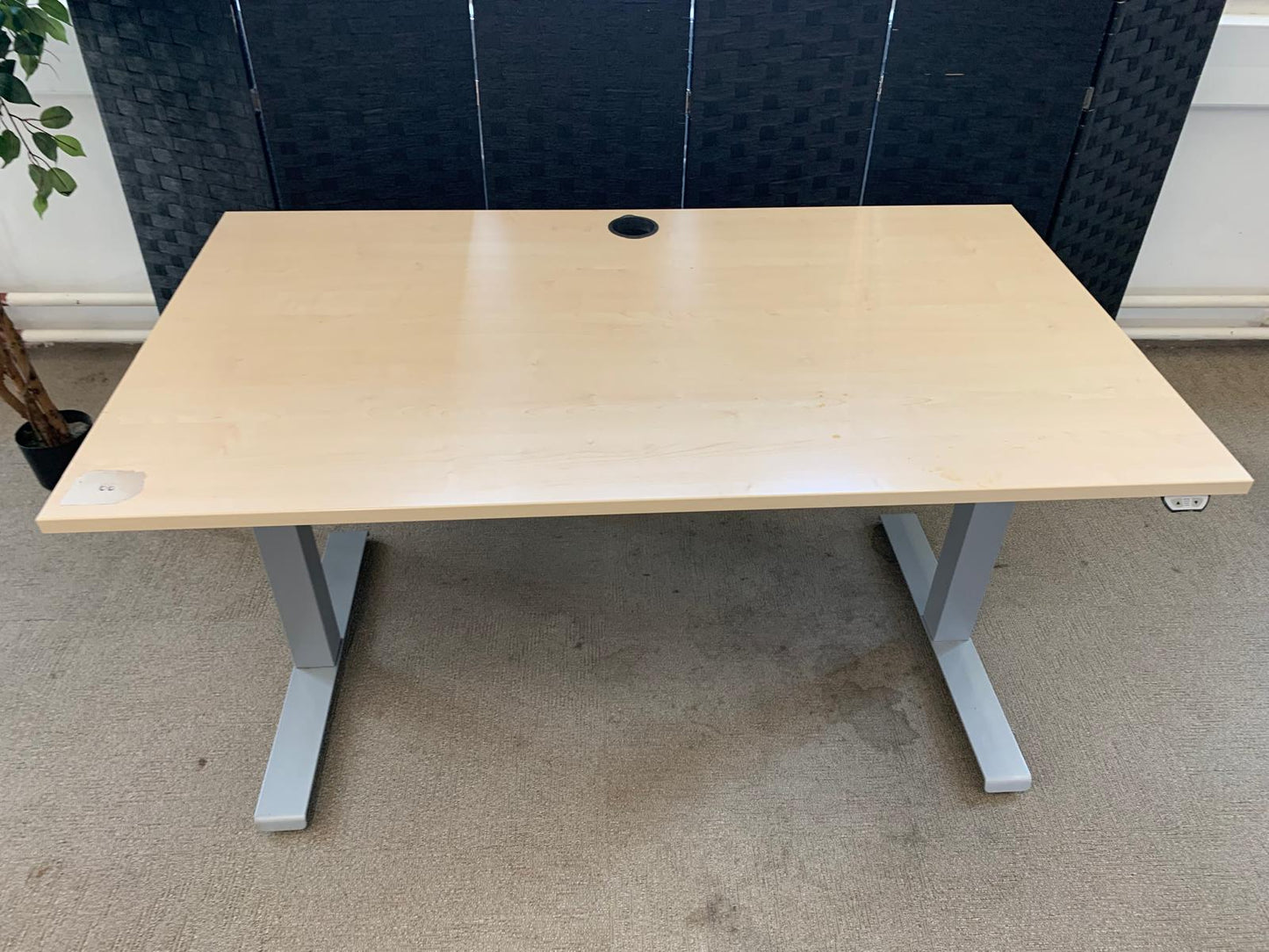 Light brown electric stand up office desk, sit stand height adjustable table in maple finish