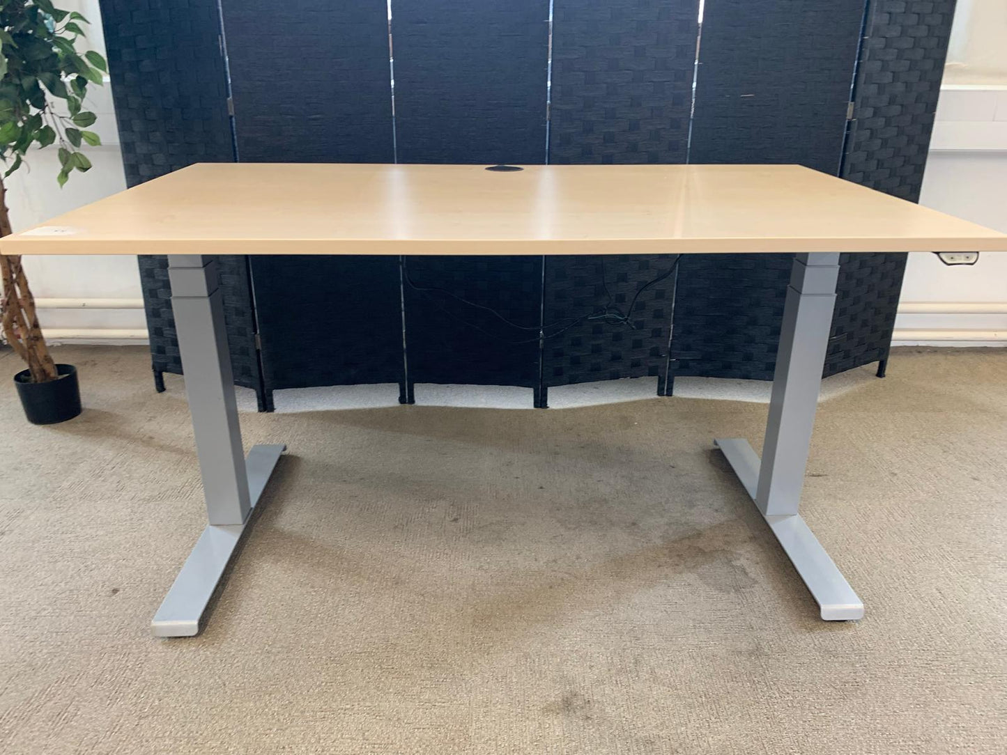 Light brown electric stand up office desk, sit stand height adjustable table in maple finish