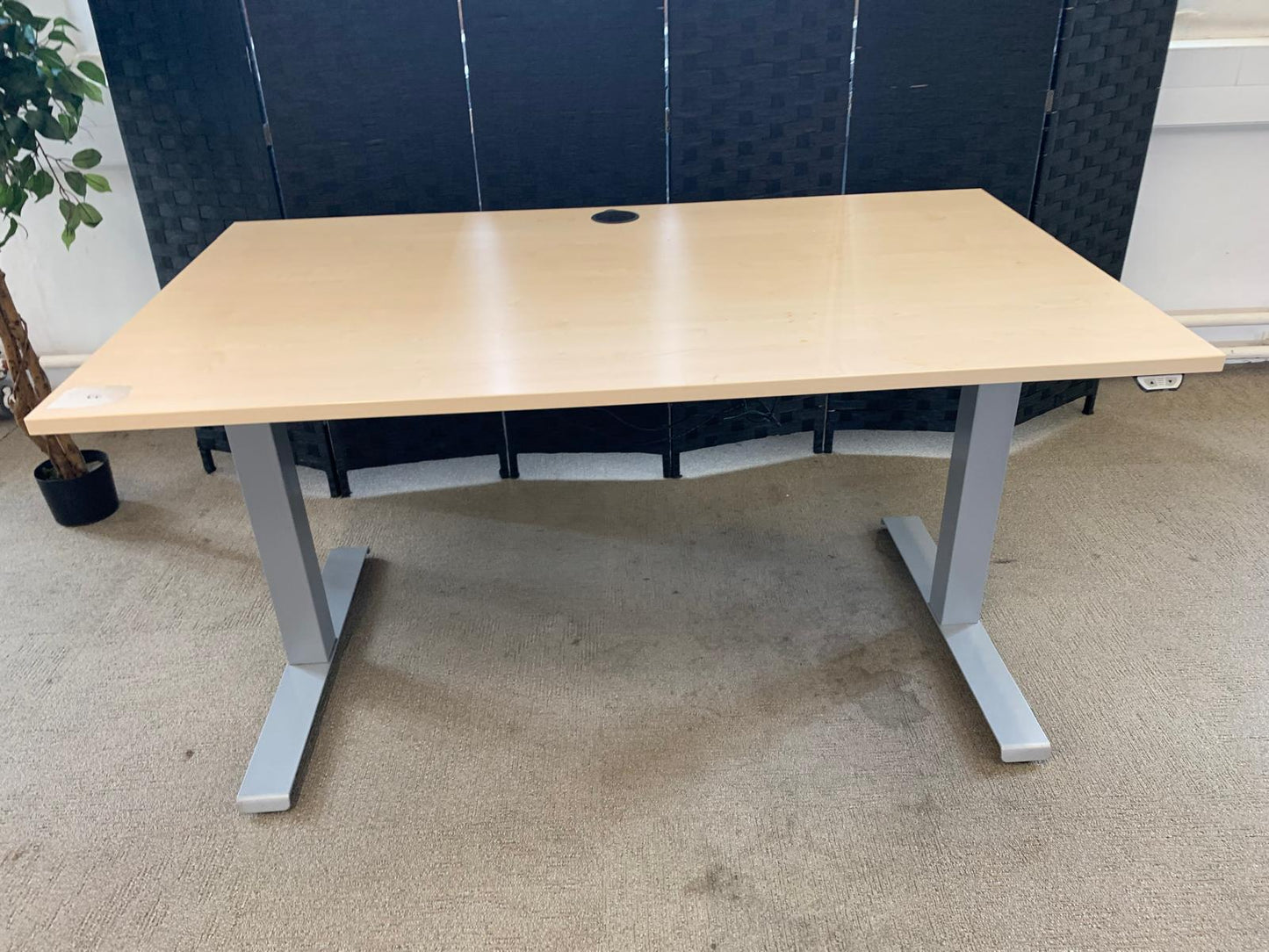 Light brown electric stand up office desk, sit stand height adjustable table in maple finish