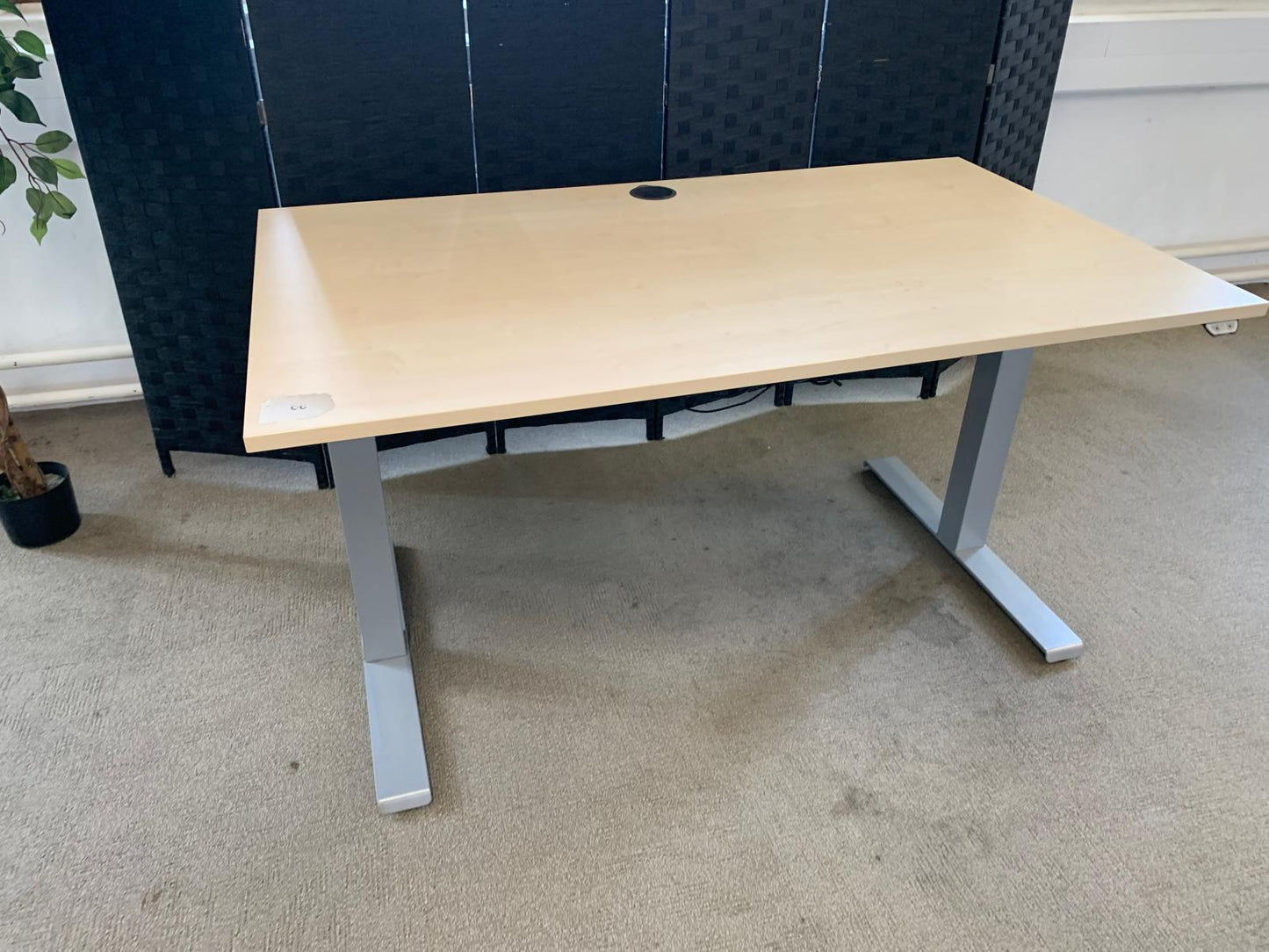 Light brown electric stand up office desk, sit stand height adjustable table in maple finish