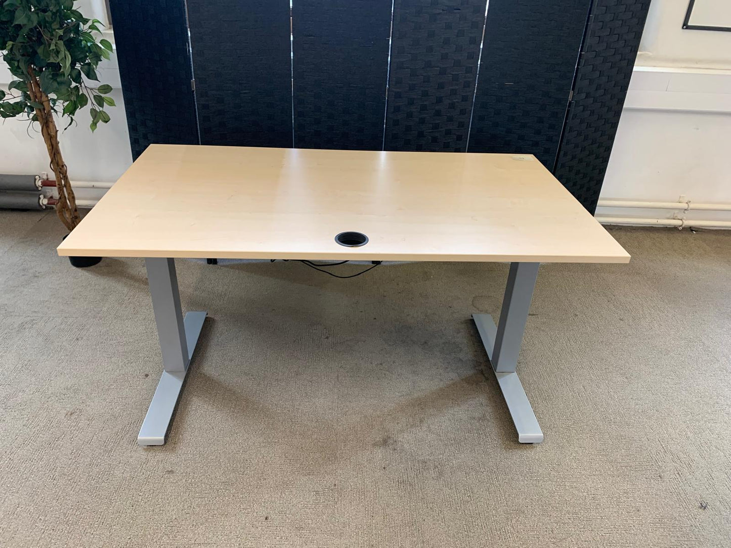 Light brown electric stand up office desk, sit stand height adjustable table in maple finish