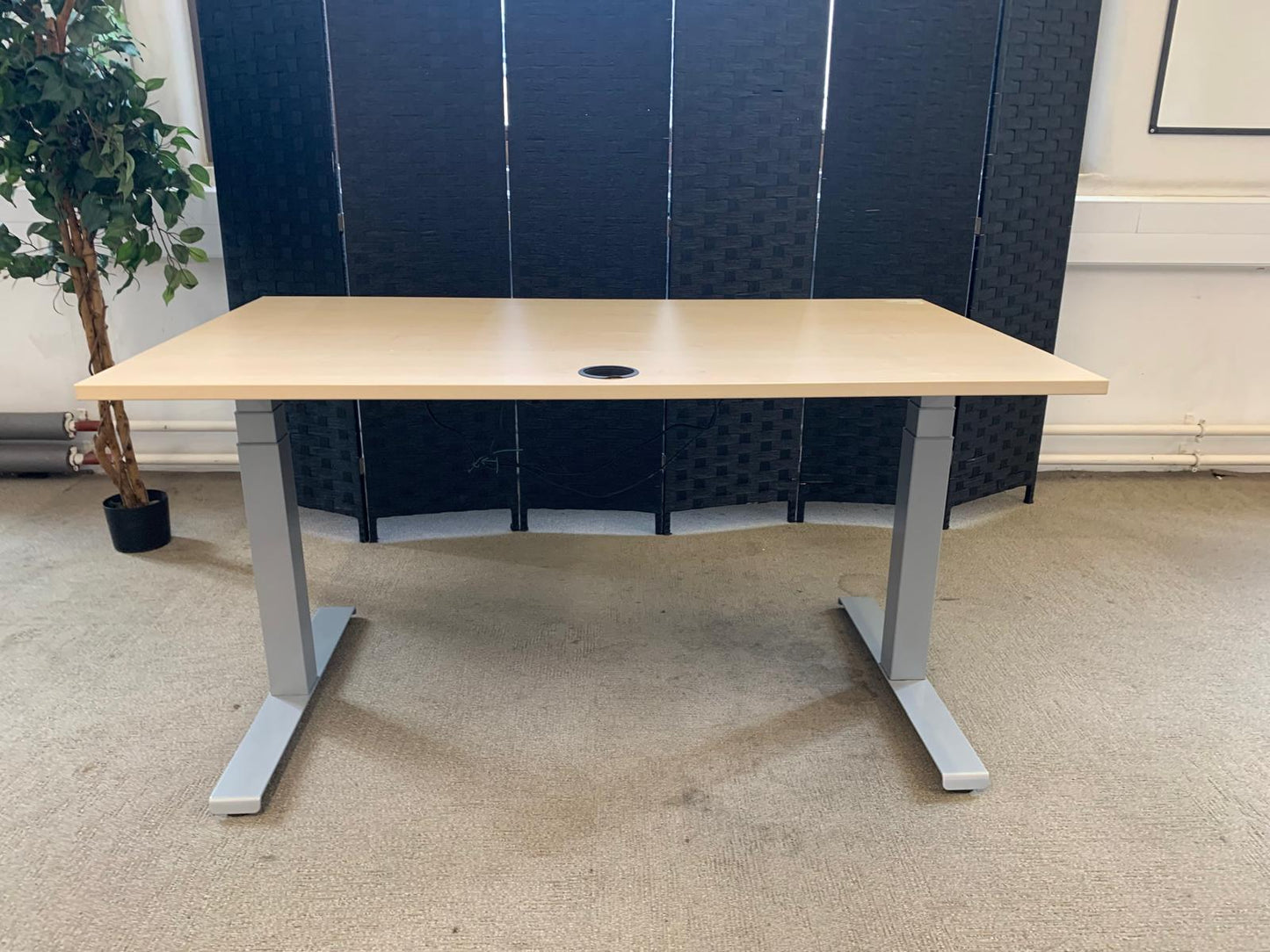 Light brown electric stand up office desk, sit stand height adjustable table in maple finish
