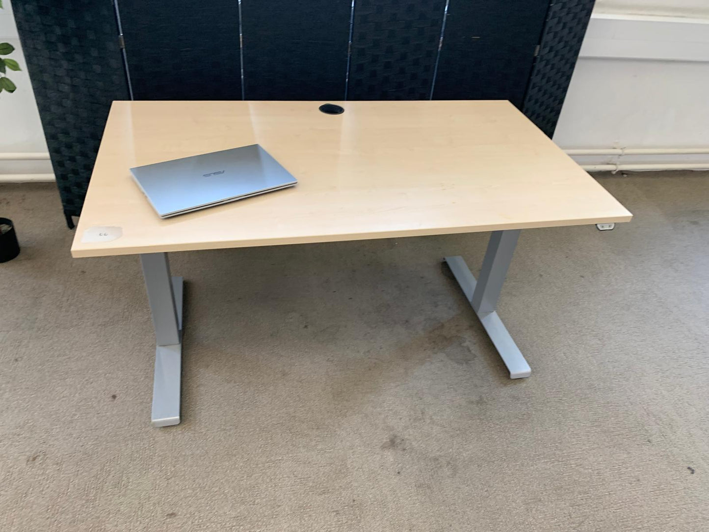 Light brown electric stand up office desk, sit stand height adjustable table in maple finish