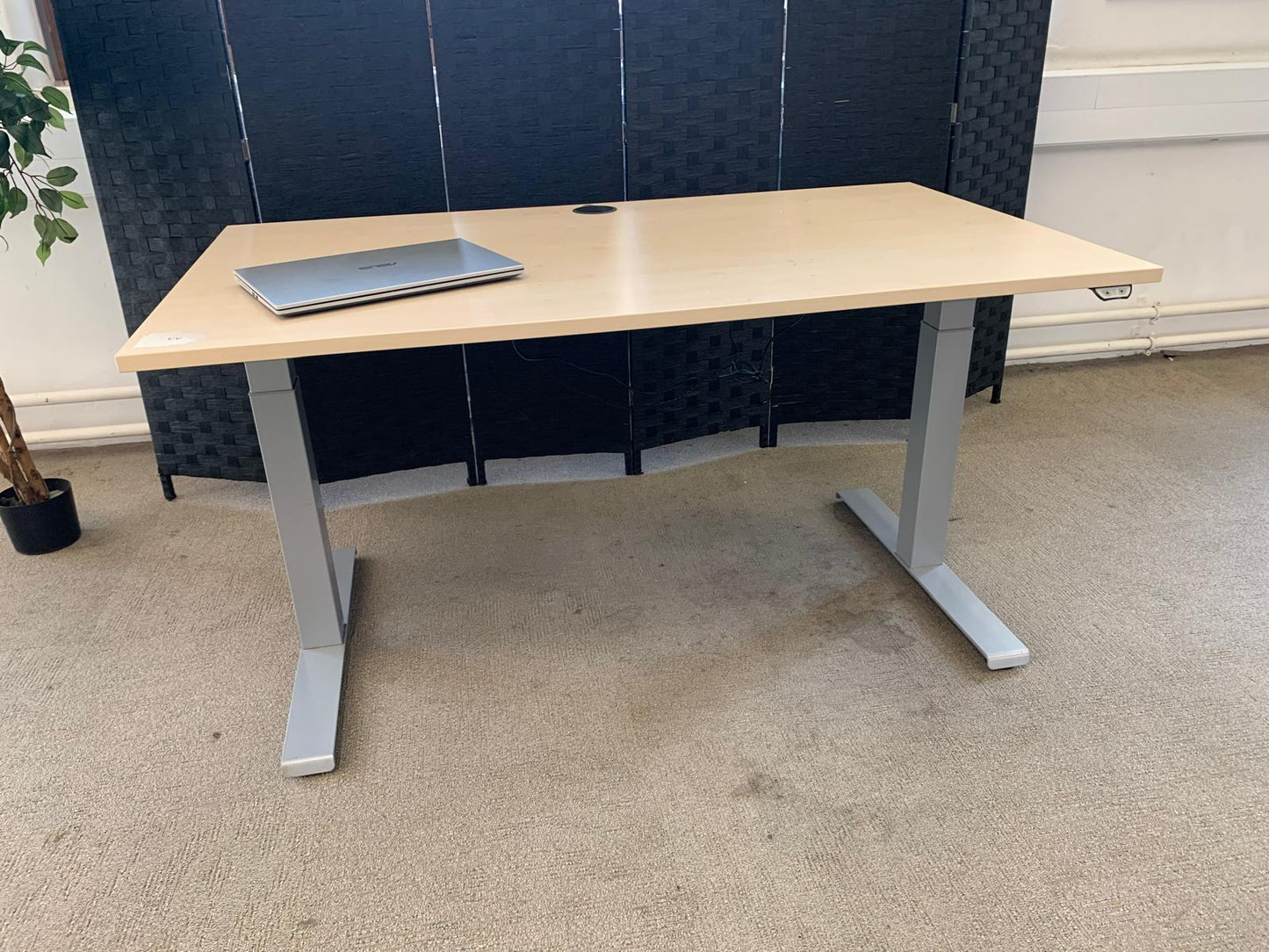 Light brown electric stand up office desk, sit stand height adjustable table in maple finish
