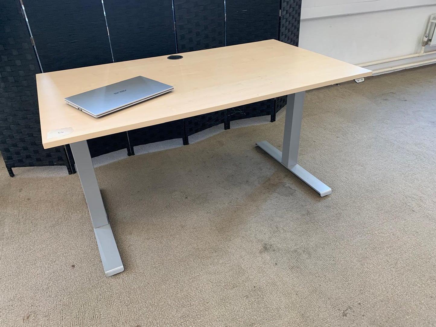 Light brown electric stand up office desk, sit stand height adjustable table in maple finish