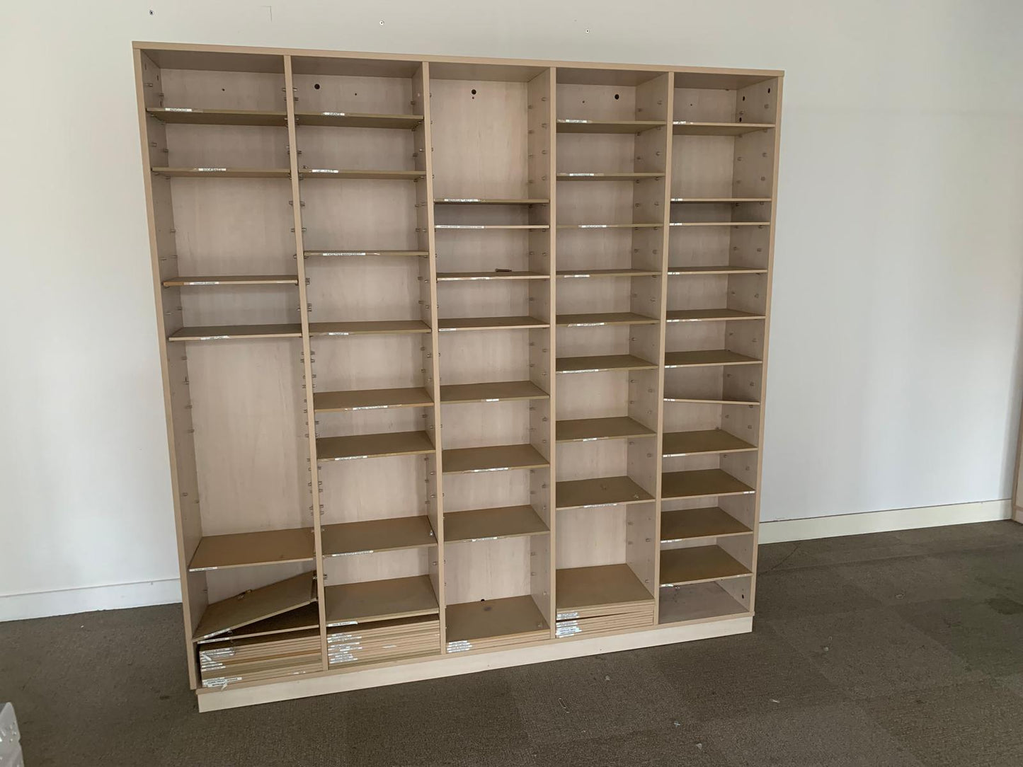 Used Pigeon hole storage unit wooden h 190cm x w 186cm x d 27cm