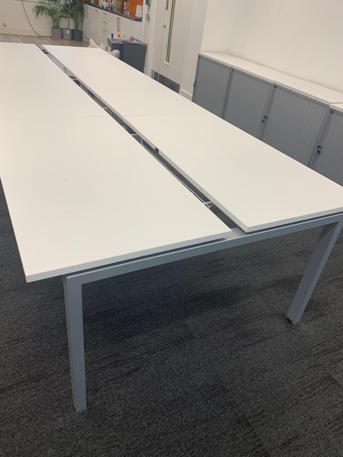 Used White 4 person Pod bank bench hot desk call center desk cable port cable management