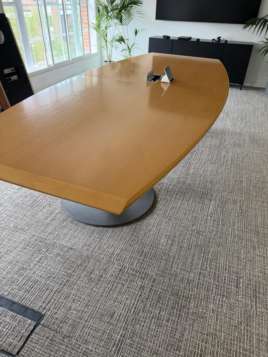 Used Bene wood finish boardroom meeting table, seats 10 - 12 persons with cable outlet 360cm x 155cm (104cm at end)