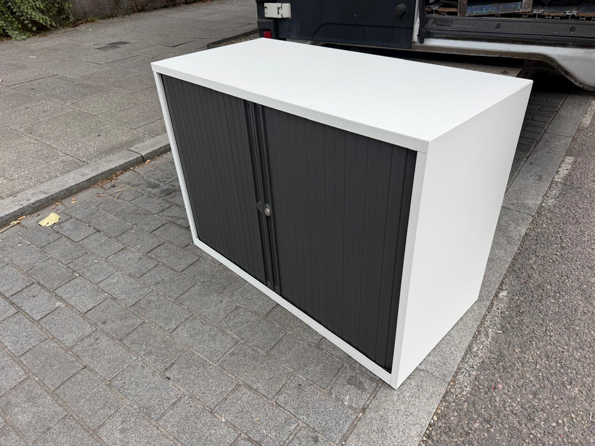 Preowned Tambour Grey doors white body Double Rolling Doors Office storage w100cm x d47cm h73cm