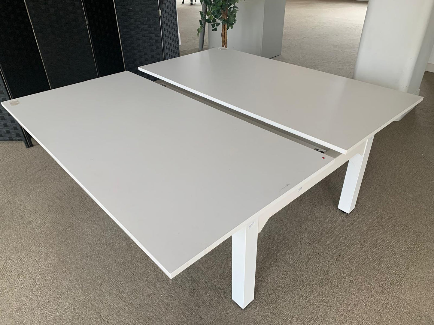 White 2 seater office electric sit stand desk, height adjustable, 2 pod Table