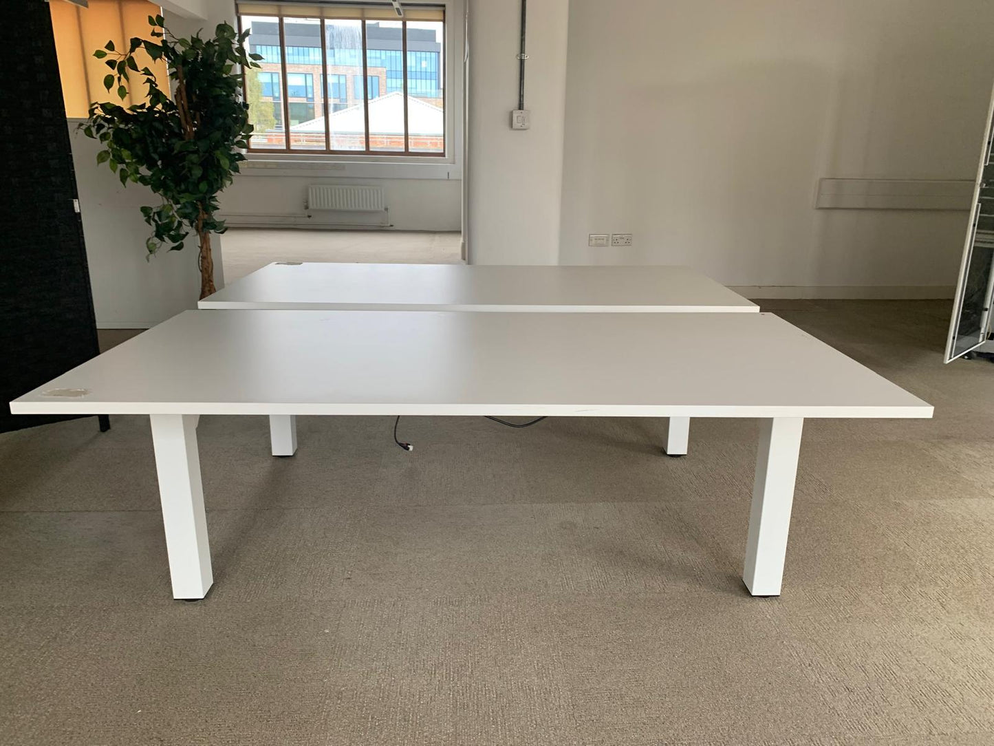 White 2 seater office electric sit stand desk, height adjustable, 2 pod Table