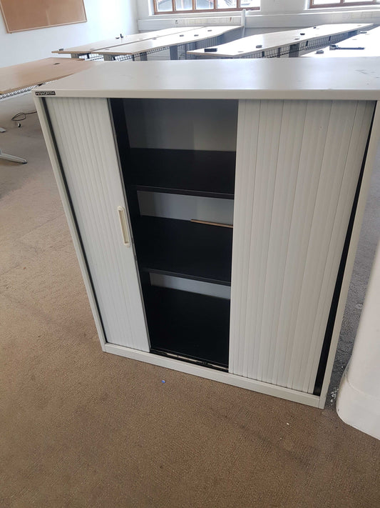 Grey sliding door cupboard, adjustable shelf office storage cabinet, 2 door tambour unit- H=136cm D=43cm W=120cm