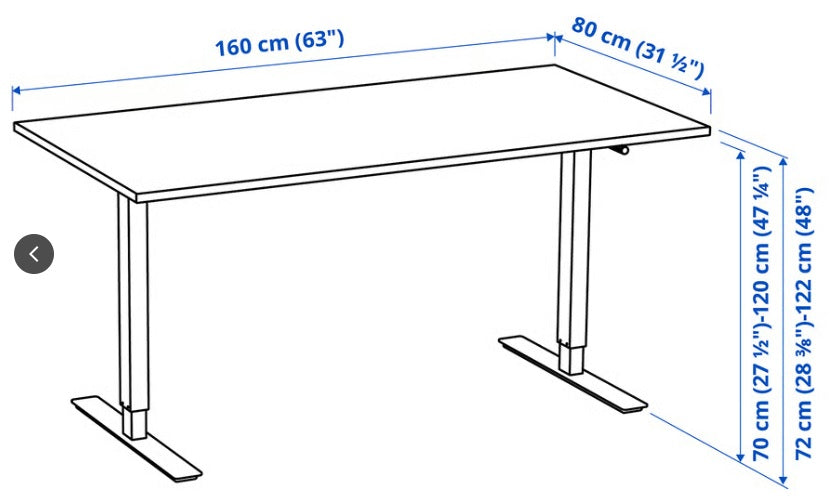White Ikea sit stand desk Trotten manual 160cm x 80cm x H 72cm - 122cm