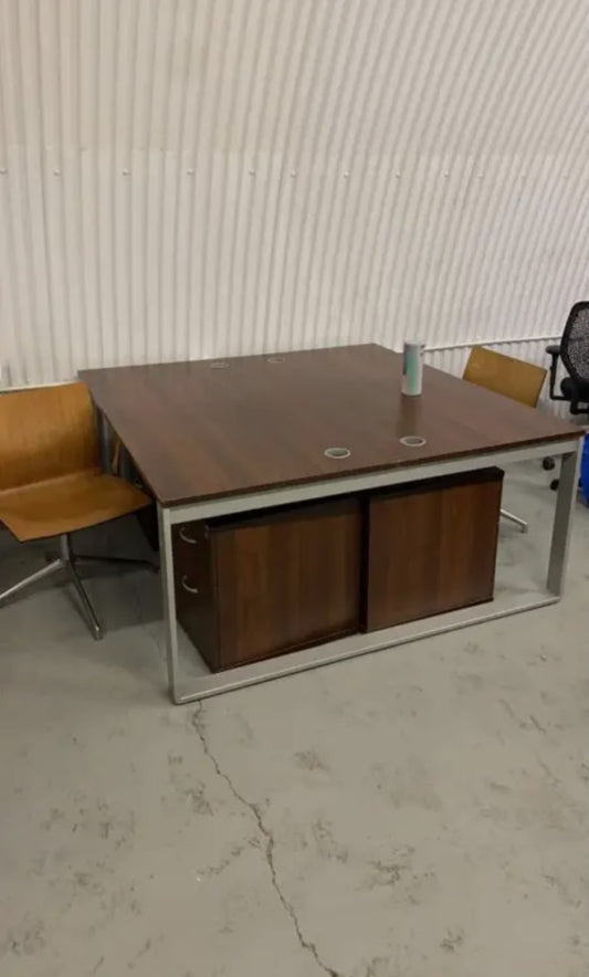 2 Pod Office Bench Desk in walnut colour 160cm x 160cm