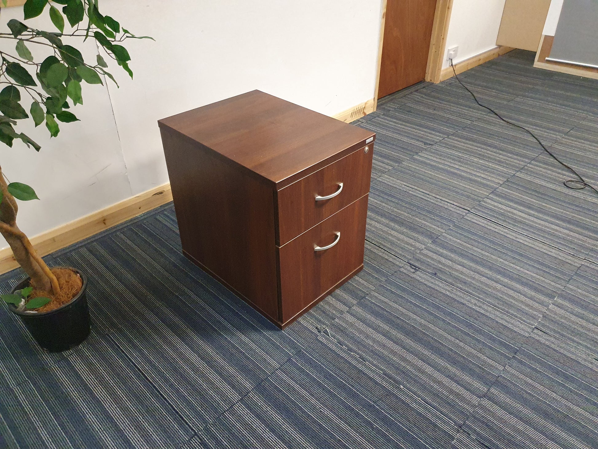 Brown under desk drawer beside tall green plant in black vase