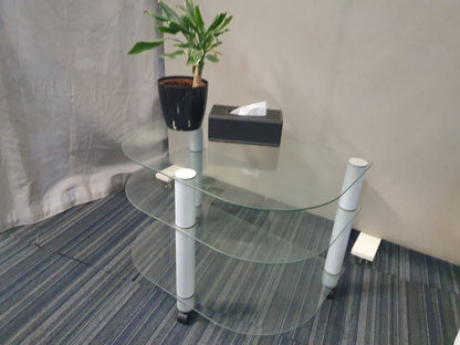 Mobile  Glass Coffee Table for office reception area H:59cm D:78.5cm Radius:52cm