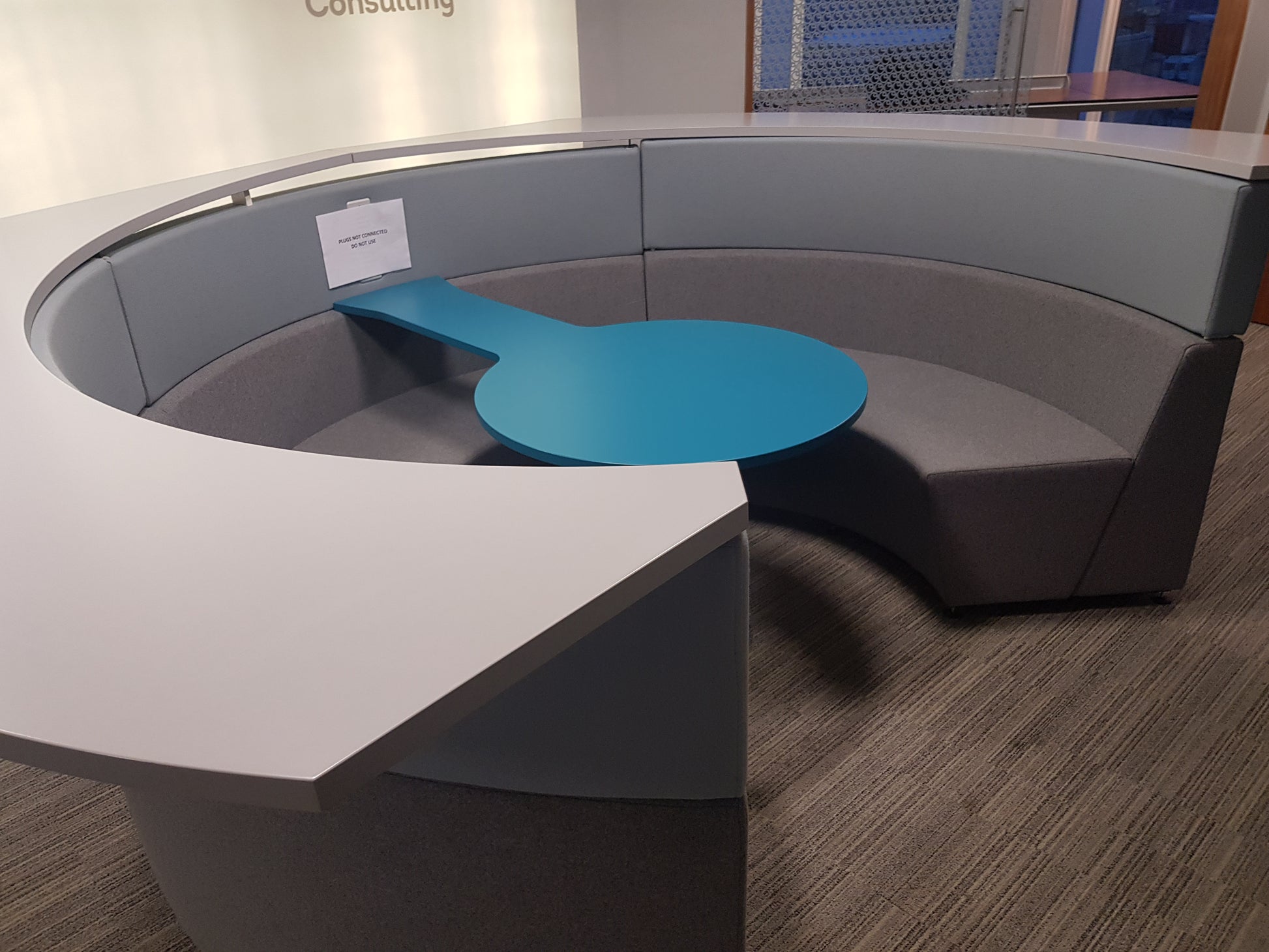 large grey and blue Connections Flock Modular Circular Meeting Booth 